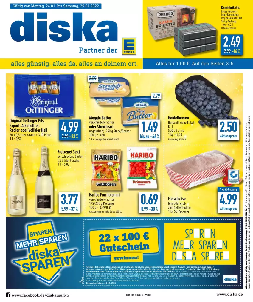 Aktueller Prospekt Diska - Prospekte - von 24.01 bis 29.01.2022 - strona 1 - produkty: aktionspreis, alkohol, angebot, angebote, auer, ball, Becher, beere, beeren, bier, briketts, buch, butter, deka, eis, flasche, fleisch, fleischkäse, freixenet, frucht, fruchtgummi, gewinnspiel, gin, gutschein, gutscheine, haribo, heidelbeere, heidelbeeren, Kamin, Käse, meggle, oettinger, pils, radler, reis, salz, Schal, Schale, sekt, Streichzart, Ti