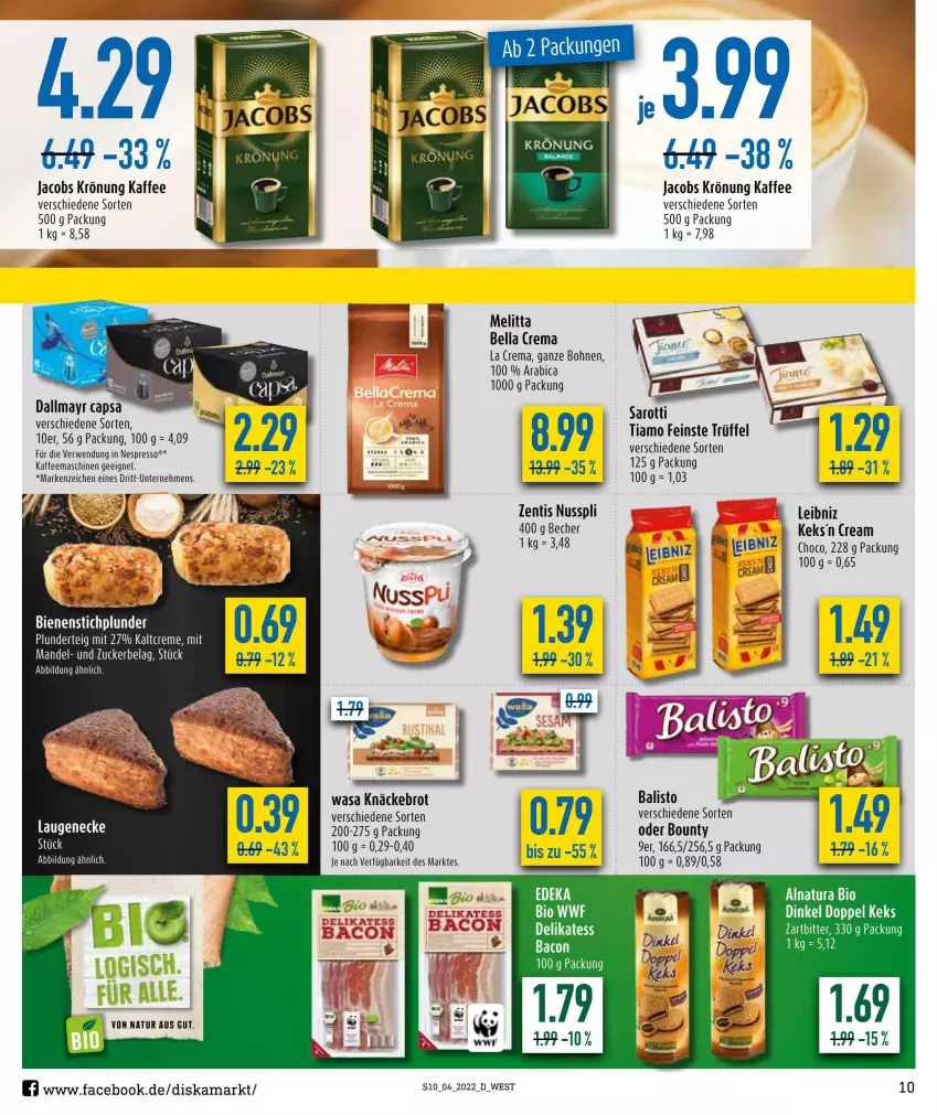 Aktueller Prospekt Diska - Prospekte - von 24.01 bis 29.01.2022 - strona 10 - produkty: bacon, balisto, Becher, bella crema, bio, bohne, bohnen, bounty, brot, Cap, creme, dallmayr, dallmayr capsa, espresso, HP, jacobs, jacobs krönung, kaffee, kaffeemaschine, keks, knäckebrot, leibniz, mandel, melitta, natur, nespresso, nuss, nusspli, Plunder, rwe, saro, sarotti, Ti, Trüffel, wasa, zentis, zucker