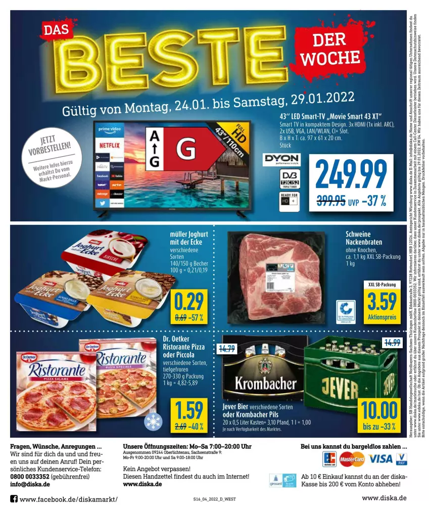 Aktueller Prospekt Diska - Prospekte - von 24.01 bis 29.01.2022 - strona 16 - produkty: angebot, angebote, Astra, bier, braten, cola, deka, dyon, eis, ente, HDMI, jever, krombache, krombacher, krombacher pils, pils, pizza, ring, ristorante, ristorante pizza, sac, schwein, schweine, smart tv, telefon, Ti, uhr, wein, weine, Yo