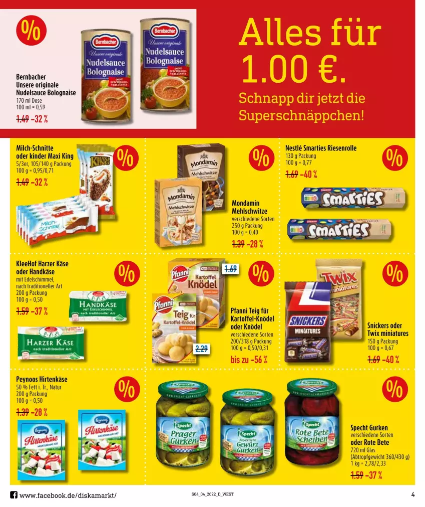 Aktueller Prospekt Diska - Prospekte - von 24.01 bis 29.01.2022 - strona 4 - produkty: bernbacher, eier, elle, gin, gurke, gurken, hirtenkäse, Käse, Kinder, Kinder Maxi, mac, mehl, milch, milch-schnitte, mondamin, natur, ndk, nudel, pfanni, rote bete, sauce, smarties, snickers, specht, Ti, twix