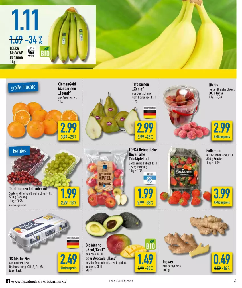 Aktueller Prospekt Diska - Prospekte - von 24.01 bis 29.01.2022 - strona 6 - produkty: aktionspreis, avocado, banane, bananen, beere, beeren, bio, Birnen, deka, eier, eimer, eis, erdbeere, erdbeeren, mandarine, mandarinen, mango, reis, Schal, Schale, tafeläpfel, tafelbirnen, tafeltrauben, Ti, trauben