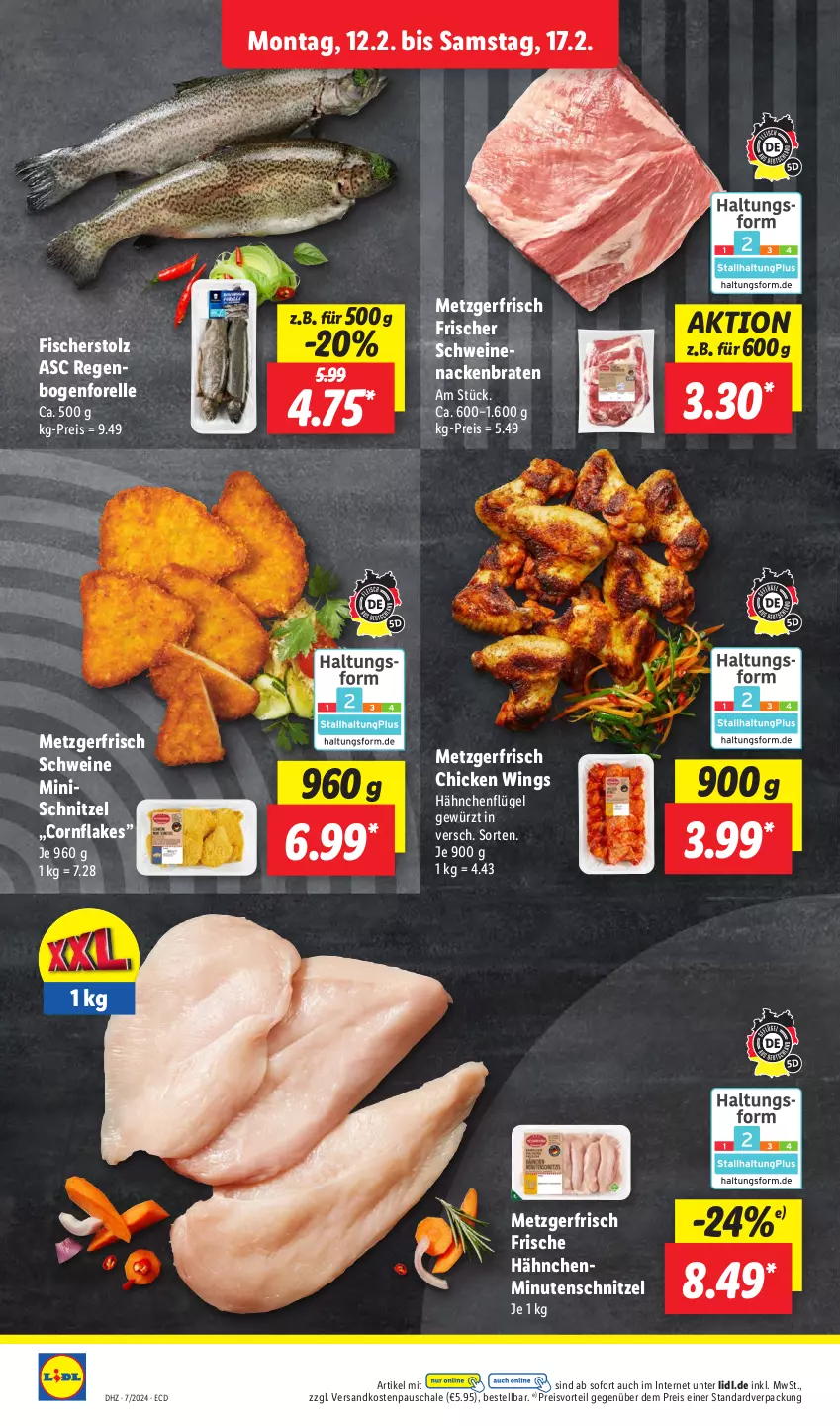 Aktueller Prospekt Lidl - Aktionsprospekt - von 12.02 bis 17.02.2024 - strona 18 - produkty: braten, chicken wings, eis, elle, fisch, fische, Fischer, flakes, forelle, Frische Hähnchen, gewürz, hähnchenflügel, minutenschnitzel, ndk, preisvorteil, reis, rel, Schal, Schale, schnitzel, schwein, schweine, schweinenacken, Ti, wein, weine