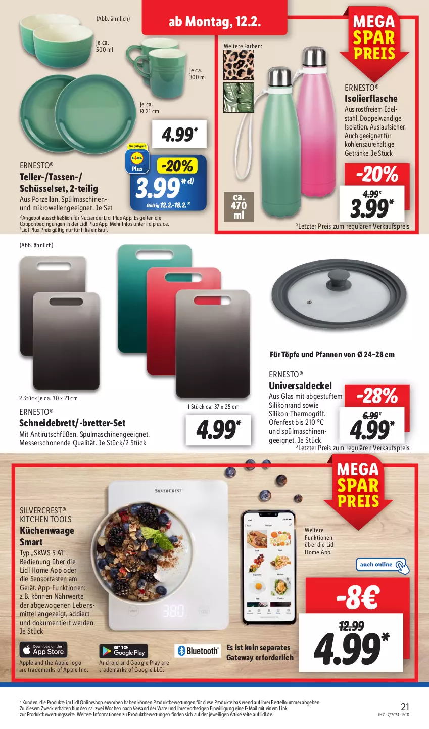 Aktueller Prospekt Lidl - Aktionsprospekt - von 12.02 bis 17.02.2024 - strona 27 - produkty: angebot, Apple, coupon, decke, Deckel, edelstahl, eis, elle, erde, ernesto, flasche, getränk, getränke, google play, isolierflasche, lebensmittel, messer, mikrowelle, Ofen, pfanne, pfannen, reis, rwe, schneidebrett, silvercrest, spülmaschinen, tasse, teller, Ti, und pfanne, Waage, weck, ZTE