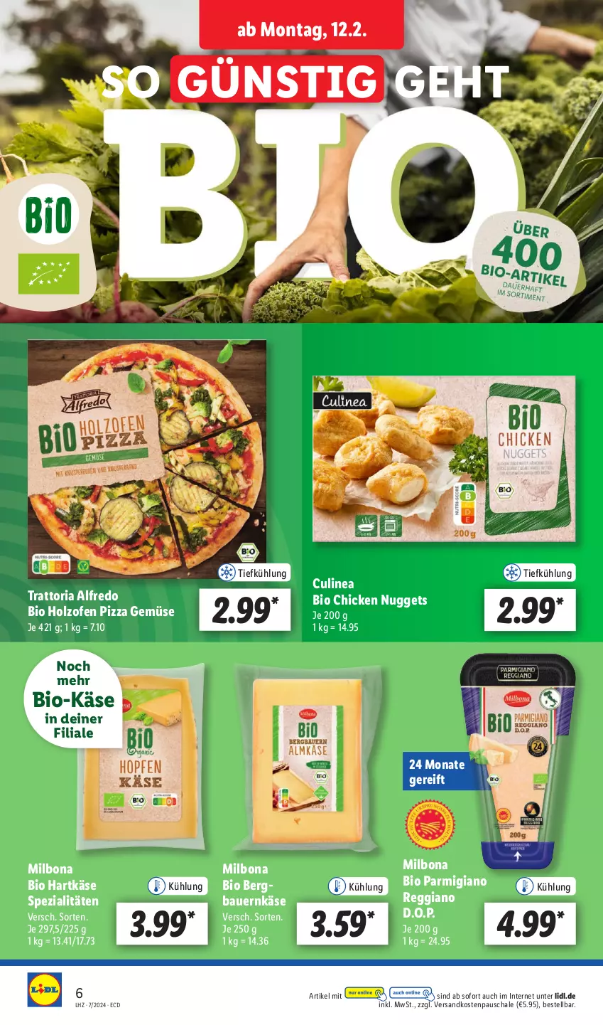 Aktueller Prospekt Lidl - Aktionsprospekt - von 12.02 bis 17.02.2024 - strona 6 - produkty: auer, Bau, Bauer, bio, Bio-Käse, Bona, chicken nuggets, hartkäse, Holz, Käse, Milbona, ndk, nuggets, Ofen, parmigiano, parmigiano reggiano, pizza, reggiano, Ria, Schal, Schale, Spezi, Ti