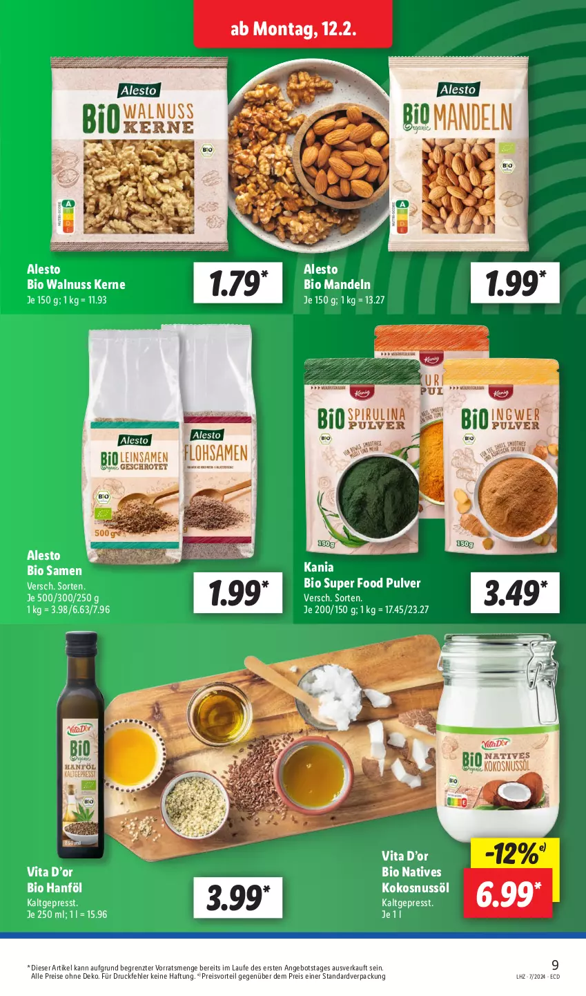 Aktueller Prospekt Lidl - Aktionsprospekt - von 12.02 bis 17.02.2024 - strona 9 - produkty: alesto, angebot, bio, eis, kokos, kokosnuss, Kokosnussöl, mandel, mandeln, nuss, preisvorteil, reis, Ti, vita, walnuss, Walnuss Kerne, ZTE