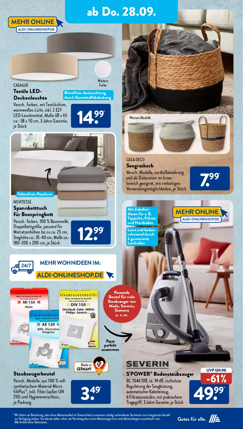 Aktueller Prospekt AldiSud - NÄCHSTE WOCHE - von 25.09 bis 30.09.2023 - strona 24 - produkty: aldi, alle artikel ohne dekoration, auto, Bau, baumwolle, bett, Betttuch, beutel, bodenstaubsauger, boxspringbett, casa deco, decke, deckenleuchte, dekoration, dell, eis, elle, gin, korb, Leuchte, leuchtmittel, matratze, matratzen, miele, Mode, Ria, ring, rwe, severin, siemens, spannbetttuch, staubsauger, staubsaugerbeutel, teppich, teppiche, Ti, tisch, tragegriff, tuc, wolle, ZTE