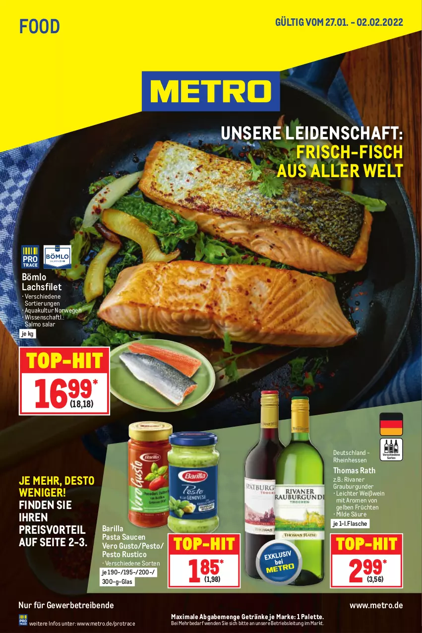 Aktueller Prospekt Metro - Food - von 27.01 bis 02.02.2022 - strona 1 - produkty: aqua, barilla, burgunder, eis, filet, fisch, flasche, früchte, früchten, getränk, getränke, grauburgunder, lachs, lachsfilet, Metro, Palette, pasta, Pasta Sauce, pesto, preisvorteil, reis, Rivaner, rwe, sauce, saucen, Ti, top-hit, wein, Weißwein