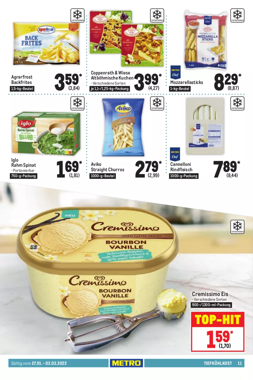 Aktueller Prospekt Metro - Food - von 27.01 bis 02.02.2022 - strona 11 - produkty: agrarfrost, asti, beutel, coppenrath, cremissimo, eis, fleisch, iglo, kuchen, mozzarella, rel, rind, rindfleisch, sim, spinat, Ti, tiefkühlkost, top-hit