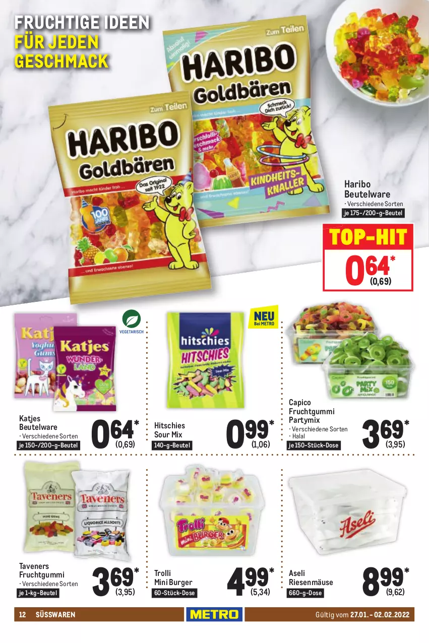 Aktueller Prospekt Metro - Food - von 27.01 bis 02.02.2022 - strona 12 - produkty: beutel, burger, Cap, frucht, fruchtgummi, haribo, katjes, mac, süsswaren, Ti, top-hit, trolli