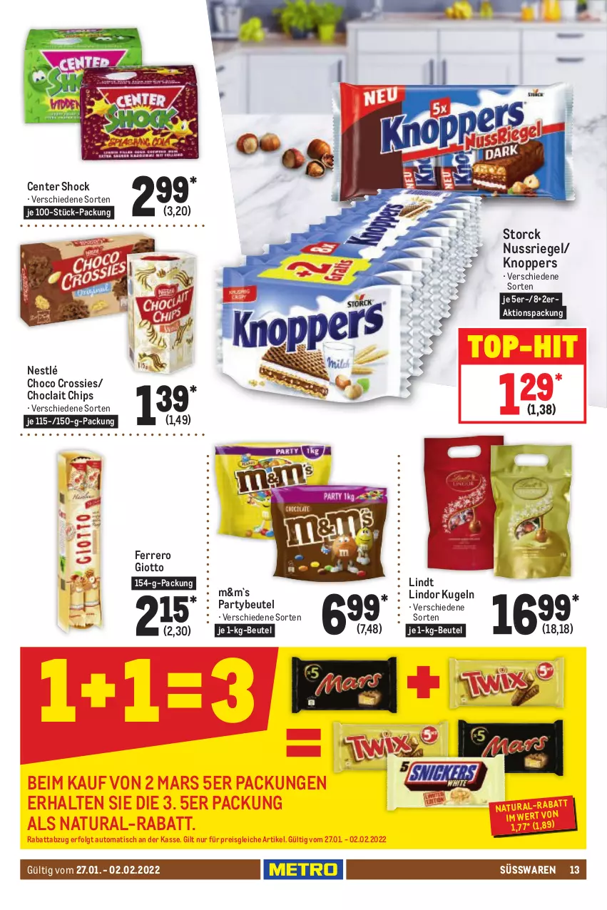 Aktueller Prospekt Metro - Food - von 27.01 bis 02.02.2022 - strona 13 - produkty: auto, beutel, chips, choclait chips, choco crossies, crossies, eis, ente, ferrero, giotto, knoppers, Kugel, LG, lindor, lindt, mars, natur, natura, nestlé, nuss, nussriegel, reis, riegel, storck, süsswaren, Ti, tisch, top-hit