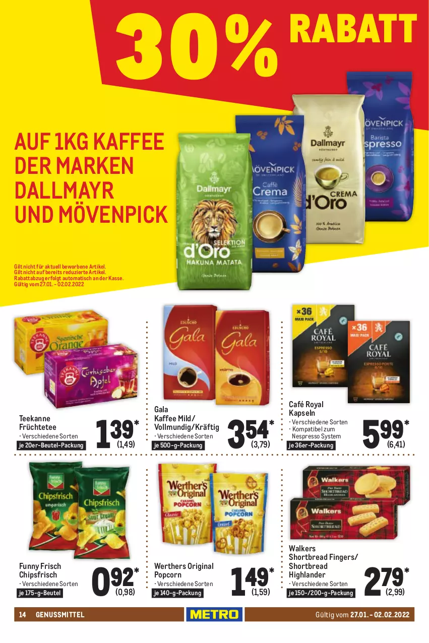 Aktueller Prospekt Metro - Food - von 27.01 bis 02.02.2022 - strona 14 - produkty: auto, beutel, café royal, chips, chipsfrisch, dallmayr, espresso, früchte, Früchtetee, Funny Frisch, gin, kaffee, LG, mövenpick, nespresso, nuss, popcorn, tee, teekanne, Ti, tisch