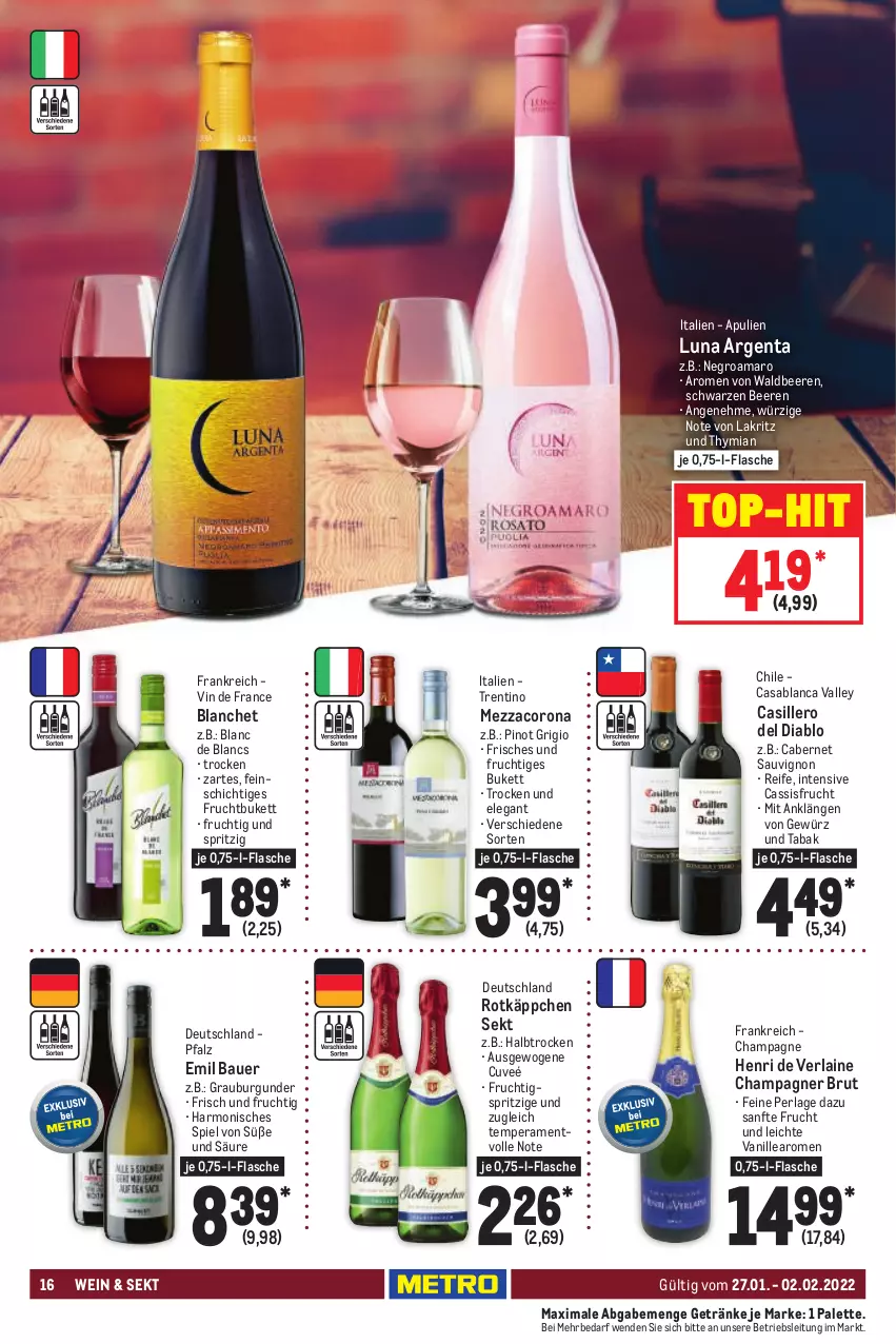 Aktueller Prospekt Metro - Food - von 27.01 bis 02.02.2022 - strona 16 - produkty: amaro, auer, Bau, Bauer, beere, beeren, brut, burgunder, cabernet, cabernet sauvignon, cassis, champagne, champagner, corona, de blancs, flasche, frucht, getränk, getränke, gewürz, grauburgunder, Henri de Verlaine, Lakritz, mezzacorona, Palette, perla, Pinot, pinot grigio, rotkäppchen, sauvignon, sekt, Ti, top-hit, vanille, vin de france, wein