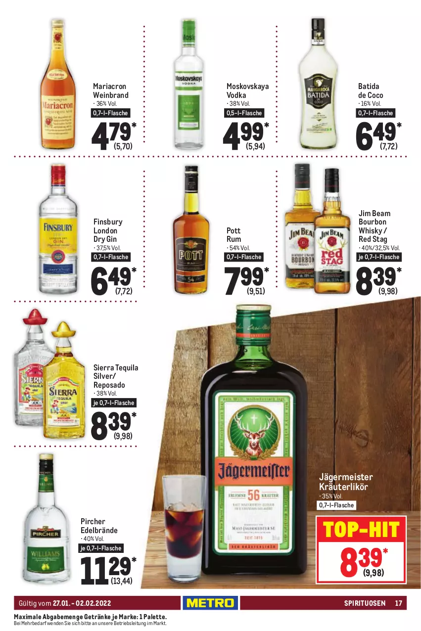 Aktueller Prospekt Metro - Food - von 27.01 bis 02.02.2022 - strona 17 - produkty: batida, bourbon, dry gin, eis, finsbury, flasche, Germ, getränk, getränke, gin, jägermeister, jim beam, kräuter, kräuterlikör, likör, london dry, london dry gin, mariacron, Meister, moskovskaya, Palette, pircher, Ria, rum, Sierra, sierra tequila, spirituosen, tequila, Ti, top-hit, vodka, wein, weinbrand, whisky