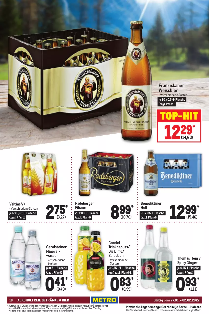 Aktueller Prospekt Metro - Food - von 27.01 bis 02.02.2022 - strona 18 - produkty: alkohol, alkoholfreie getränke, Alwa, Benediktiner, Berger, bier, eis, flasche, franziskaner, gerolsteine, gerolsteiner, getränk, getränke, gin, ginger, granini, limo, mineralwasser, nuss, Palette, pils, pilsner, radeberger, radeberger pilsner, regal, reis, rwe, steiner, thomas henry, Ti, top-hit, veltins, wasser, weissbier