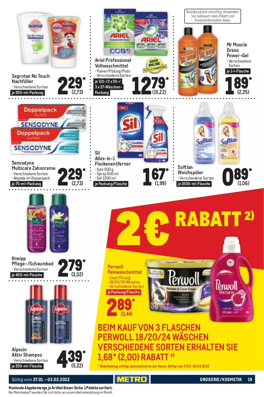 Aktueller Prospekt Metro - Food - von 27.01 bis 02.02.2022 - strona 19 - produkty: alpecin, ariel, auto, Bad, Cap, cin, creme, feinwaschmittel, flasche, Fleckenentferner, kneipp, kosmetik, LG, Palette, perwoll, Pods, power-gel, sagrotan, salz, schaumbad, sensodyne, shampoo, Softlan, Ti, tisch, vollwaschmittel, waschmittel, weichspüler, zahncreme