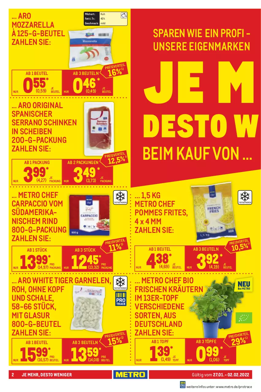 Aktueller Prospekt Metro - Food - von 27.01 bis 02.02.2022 - strona 2 - produkty: ACC, beutel, bio, Carpaccio, eis, garnelen, gin, kräuter, kräutern, mac, Metro, milch, mozzarella, pommes, Pommes Frites, reis, rel, rind, Schal, Schale, schinken, serrano, serrano schinken, Ti, topf