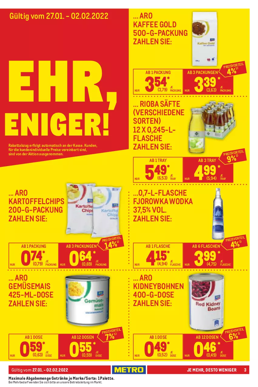 Aktueller Prospekt Metro - Food - von 27.01 bis 02.02.2022 - strona 3 - produkty: auto, bohne, bohnen, chips, eis, elle, flasche, gemüsemais, getränk, getränke, kaffee, kartoffel, kartoffelchips, kidney, LG, mais, Palette, reis, rioba, säfte, Ti, tisch, wodka