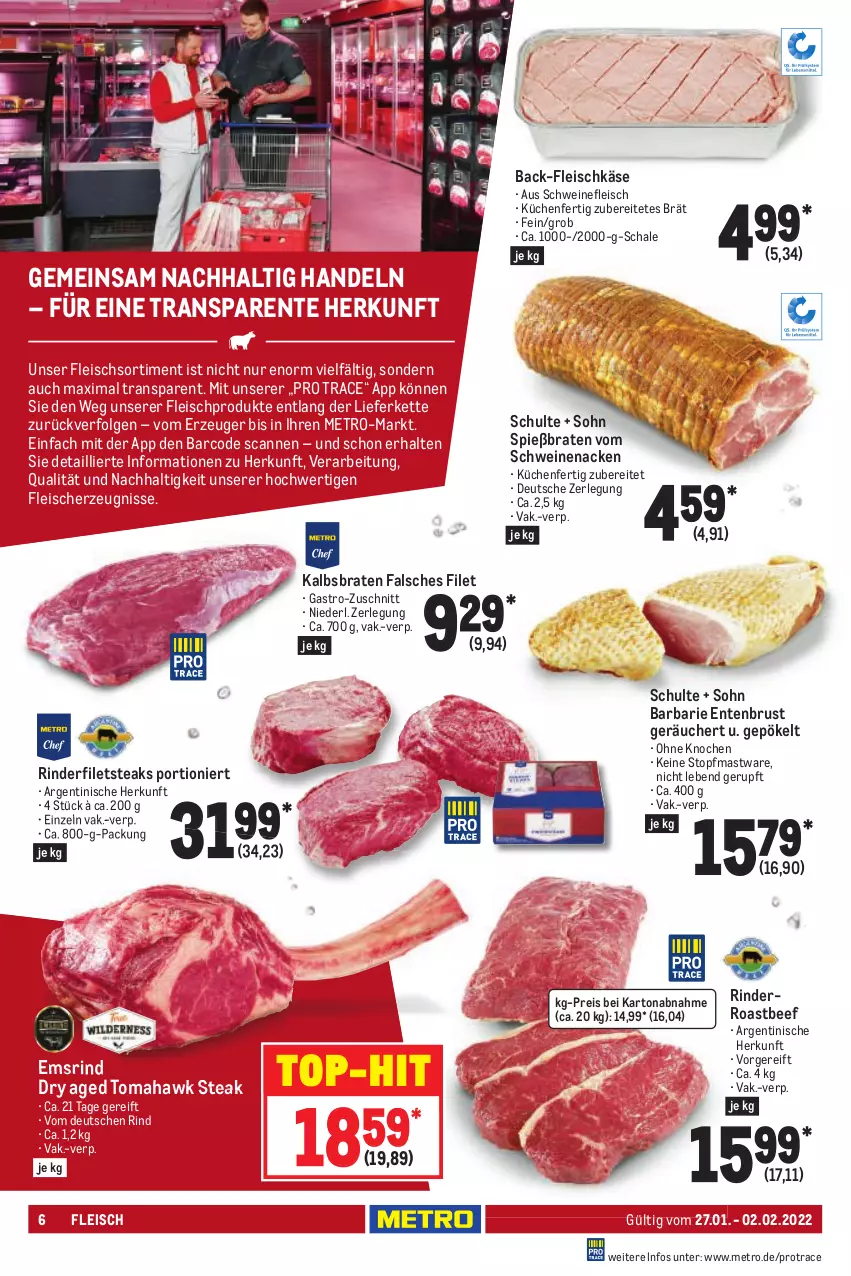 Aktueller Prospekt Metro - Food - von 27.01 bis 02.02.2022 - strona 6 - produkty: beef, braten, eis, ente, Entenbrust, Falsches Filet, filet, filets, fleisch, fleischkäse, HP, Käse, Kette, küche, Küchen, LG, Metro, reis, rind, rinder, rinderfilet, roastbeef, Schal, Schale, schwein, schweine, schweinefleisch, schweinenacken, steak, steaks, Ti, top-hit, topf, vom schweinenacken, wein, weine