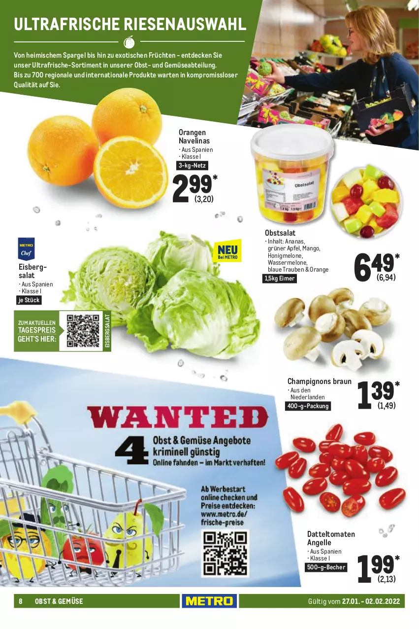 Aktueller Prospekt Metro - Food - von 27.01 bis 02.02.2022 - strona 8 - produkty: Abtei, ananas, apfel, Becher, braun, champignon, champignons, champignons braun, datteltomaten, decke, eimer, eis, eisbergsalat, elinas, elle, früchte, früchten, honig, honigmelone, mango, melone, navelina, obst, orange, orangen, reis, salat, spargel, Ti, tisch, tomate, tomaten, trauben, und gemüse, wasser, wassermelone