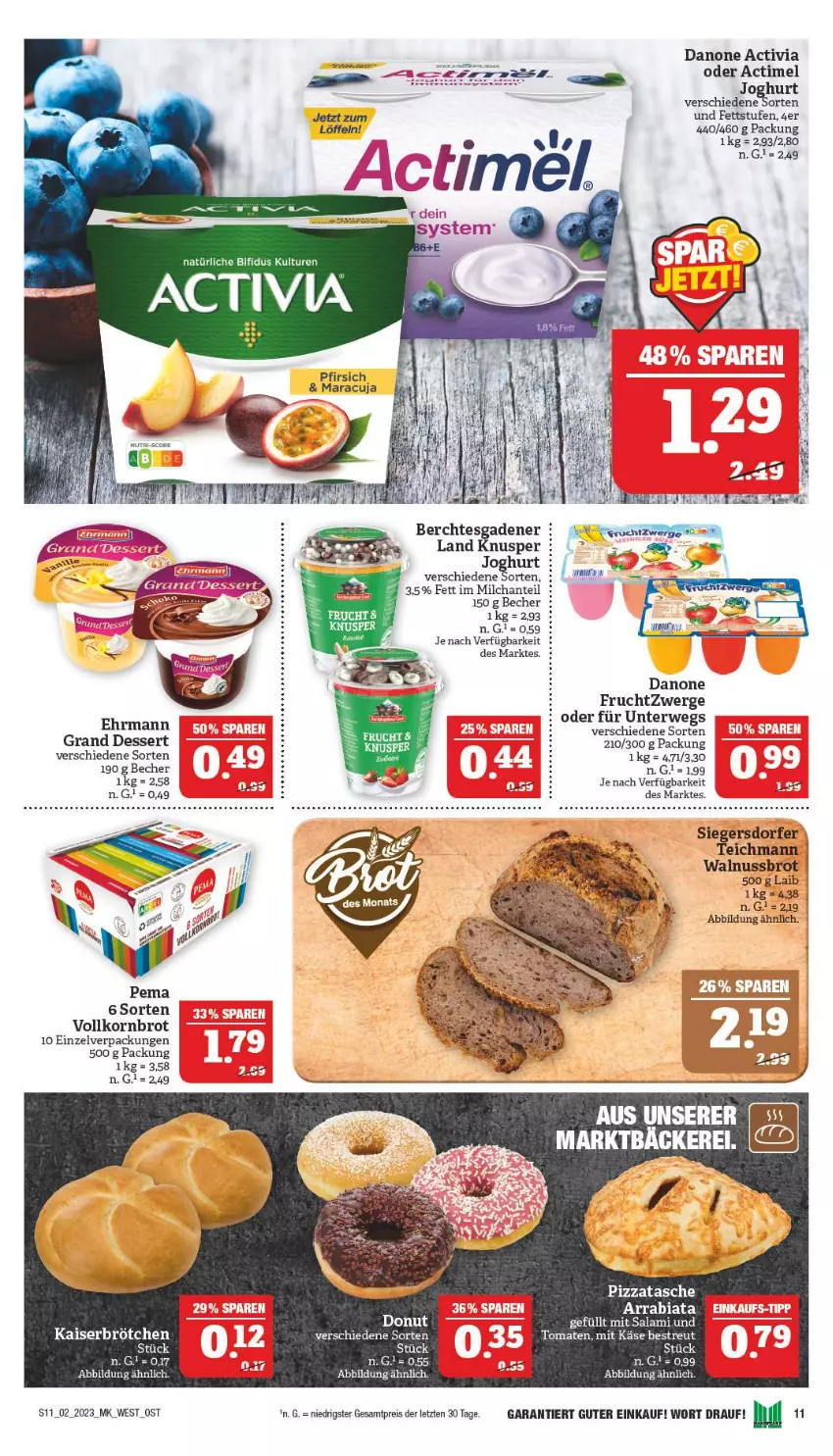 Aktueller Prospekt Marktkauf - Prospekt - von 08.01 bis 14.01.2023 - strona 11 - produkty: activia, Becher, bifi, brot, brötchen, danone, danone activia, dessert, Donut, ehrmann, eis, frucht, fruchtzwerge, joghur, joghurt, Kaiser, Käse, korn, Kornbrot, maracuja, milch, nuss, pfirsich, pizza, reis, rwe, Tasche, tee, Ti, tomate, tomaten, vollkornbrot, walnuss, ZTE