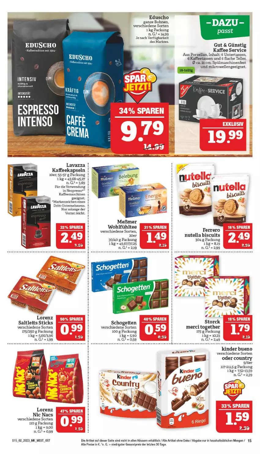 Aktueller Prospekt Marktkauf - Prospekt - von 08.01 bis 14.01.2023 - strona 15 - produkty: bohne, bohnen, eduscho, eis, elle, espresso, ferrero, intenso, kaffee, kaffeekapseln, kaffeemaschine, Kaffeetassen, Kinder, kinder bueno, lavazza, lorenz, merci, Meßmer, mikrowelle, nespresso, nutella, reis, rwe, saltletts, schogetten, spülmaschinen, storck, tasse, tee, teller, Ti, Tiere, ZTE