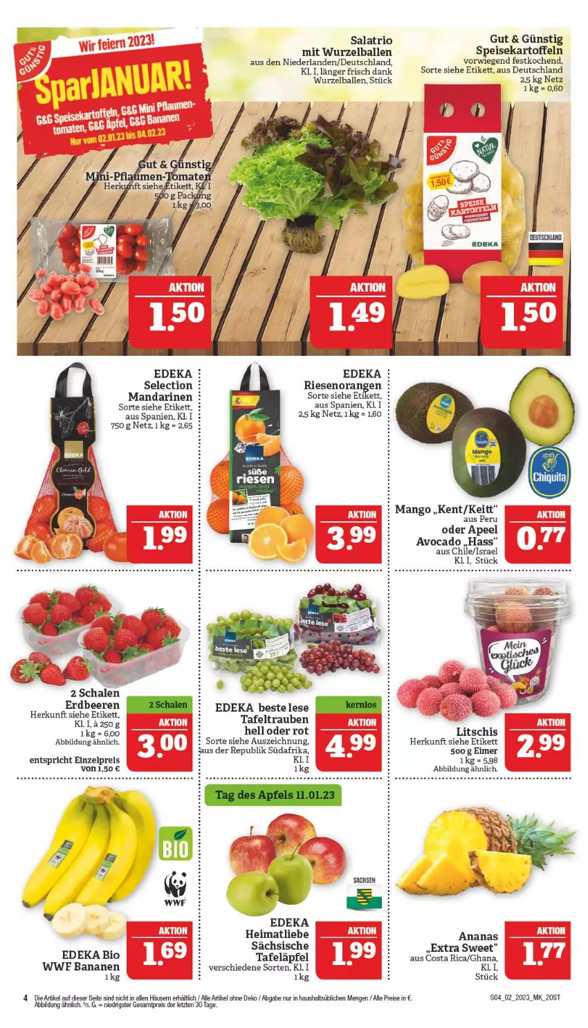 Aktueller Prospekt Marktkauf - Prospekt - von 08.01 bis 14.01.2023 - strona 4 - produkty: ananas, avocado, ball, banane, bananen, beere, beeren, bio, deka, edeka bio, eimer, eis, elle, erdbeere, erdbeeren, kartoffel, kartoffeln, mandarine, mandarinen, mango, orange, orangen, reis, salat, Schal, Schale, speisekartoffeln, tafeläpfel, tafeltrauben, Ti, trauben, ZTE