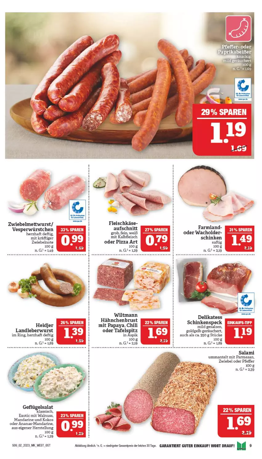 Aktueller Prospekt Marktkauf - Prospekt - von 08.01 bis 14.01.2023 - strona 9 - produkty: ananas, aufschnitt, chili, eis, fleisch, fleischkäse, Geflügel, geflügelsalat, hähnchenbrust, Kalbfleisch, Käse, kokos, landleberwurst, leberwurst, mandarine, Mantel, Mett, mettwurst, mit kalbfleisch, nuss, Papaya, pfeffer, pizza, reis, ring, saft, salami, salat, salz, schinken, schinkenspeck, Speck, tafelspitz, Ti, walnuss, wiltmann, wurst, würstchen, ZTE, zwiebel, zwiebelmettwurst, zwiebeln