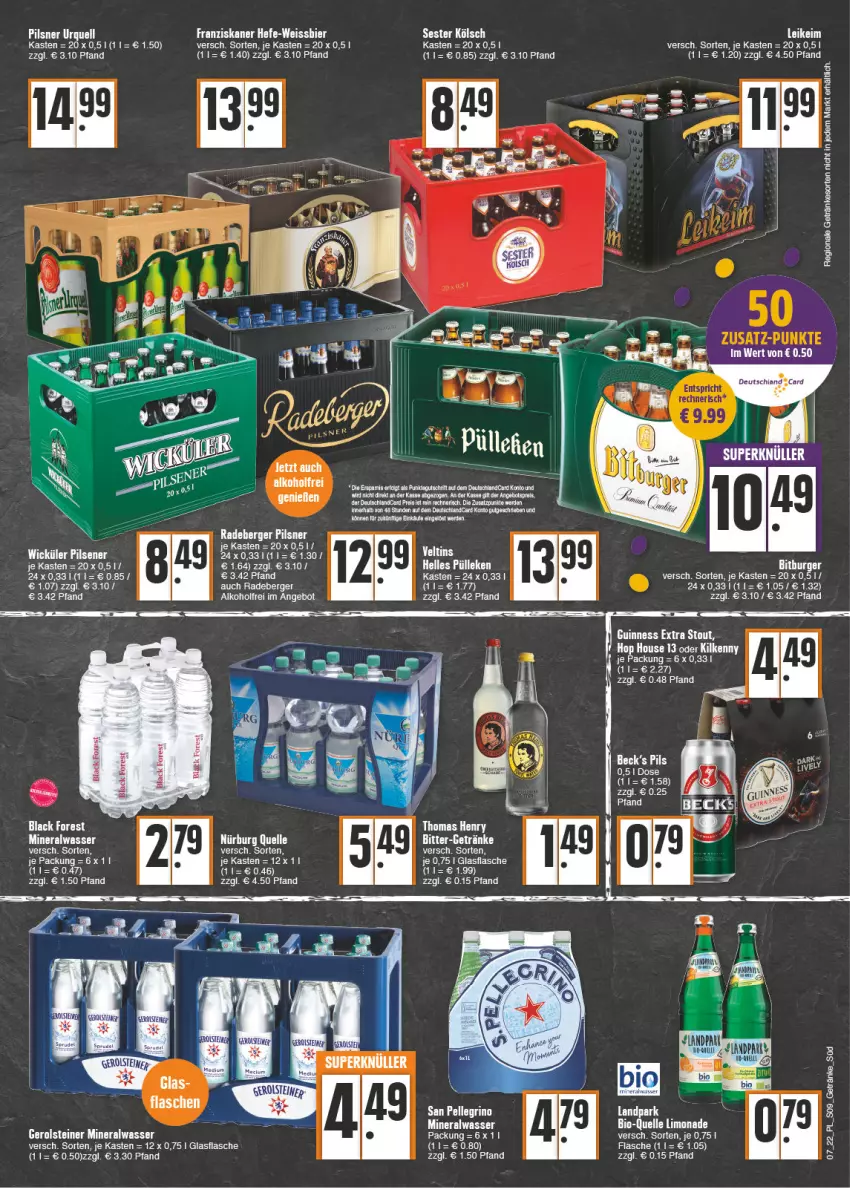 Aktueller Prospekt E Center - Angebote der Woche - von 14.02 bis 19.02.2022 - strona 9 - produkty: alkohol, Alwa, angebot, angebotspreis, Berger, bier, bio, black forest, deutschlandcard, eis, elle, ente, erde, flasche, franziskaner, gerolsteine, gerolsteiner, getränk, getränke, glasflasche, Guinness, Hefe, Kilkenny, lack, limo, limonade, mineralwasser, pils, pilsner, pilsner urquell, radeberger, radeberger pilsner, reis, ritter, steiner, tee, Ti, veltins, wasser, weissbier