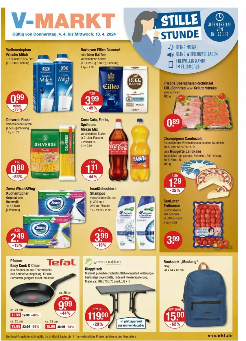 Aktueller Prospekt Vmarkt - Prospekte - von 04.04 bis 10.04.2024 - strona 1 - produkty: angebot, angebote, beere, beeren, cambozola, champignon, cola, darbo, darboven, eilles gourmet, eis, elle, erdbeere, erdbeeren, erde, fanta, flasche, frische milch, gin, greemotion, Handy, herdarten, kaffee, Käse, klapptisch, kräuter, küche, Küchen, küchentücher, landkäse, latte, LG, Mezzo Mix, milch, mustang, ndk, nivea, oder kräuter, pasta, pfanne, reis, Ria, rouge, rougette, rucksack, sac, Schal, Schale, schnitzel, schwein, shampoo, sprite, steak, steaks, teller, Ti, tisch, tücher, weichkäse, weihenstephan, wein, zewa