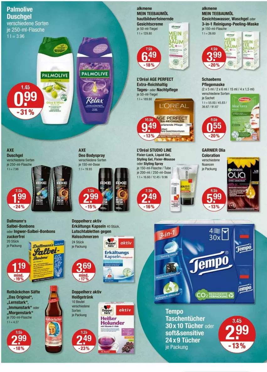 Aktueller Prospekt Vmarkt - Prospekte - von 04.04 bis 10.04.2024 - strona 12 - produkty: axe, axe duschgel, Bau, beutel, body, bodyspray, bonbons, creme, deo, doppelherz, duschgel, Erkältungs, flasche, garnier, Gesichtscreme, getränk, gin, ingwer, je 50-ml-tiegel, l'oreal, lack, Maske, mousse, nachtpflege, Nuance, Peeling, Reinigung, sac, säfte, Schaebens, Styling Gel, tablet, tablett, Tablette, tee, Ti, zucker