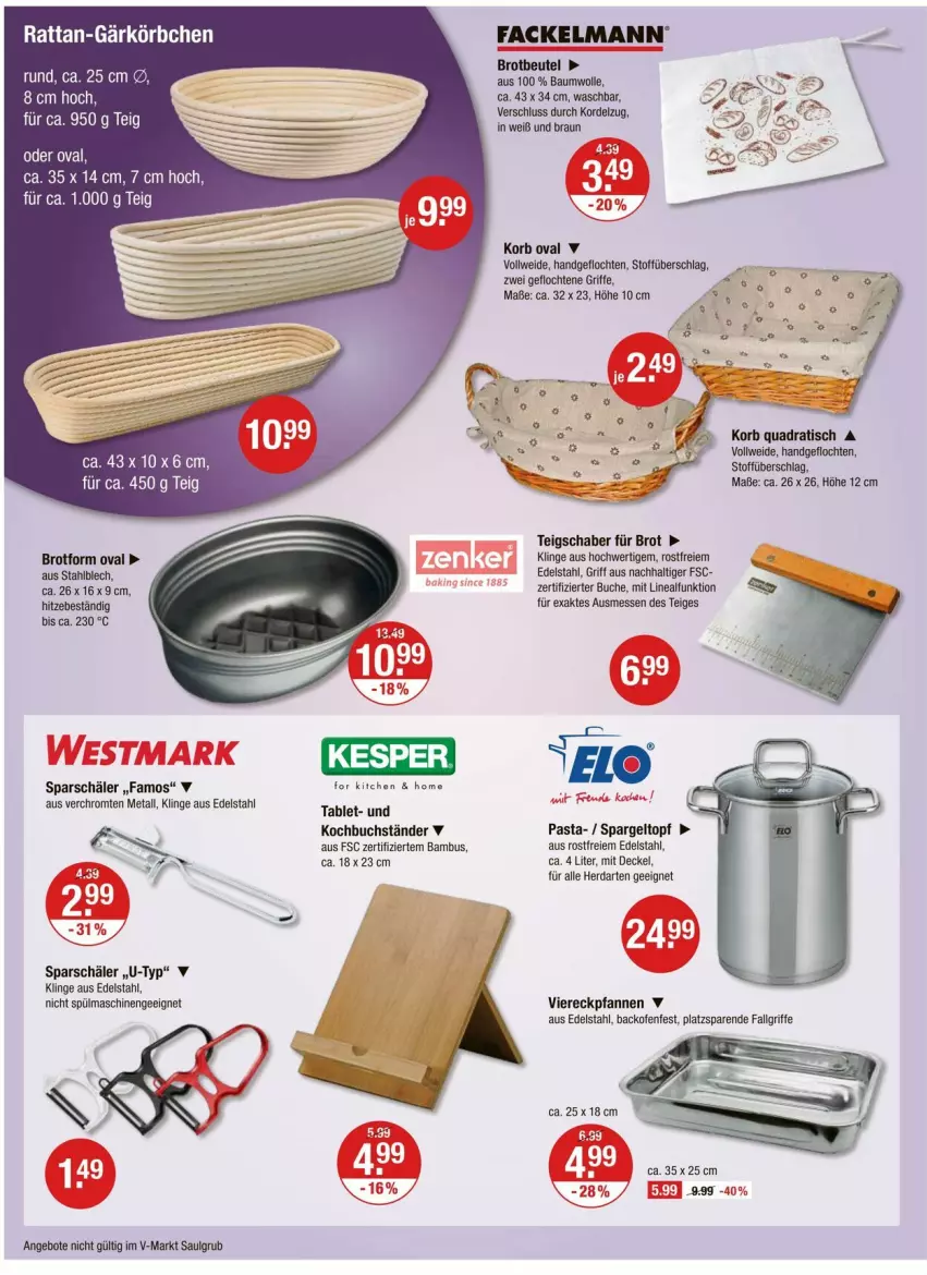 Aktueller Prospekt Vmarkt - Prospekte - von 04.04 bis 10.04.2024 - strona 16 - produkty: angebot, angebote, backofen, bambus, brot, Brotform, buch, decke, Deckel, edelstahl, fackelmann, Gärkörbchen, herdarten, korb, Körbchen, LG, Ofen, pasta, pfanne, pfannen, quad, spargel, spülmaschinen, tablet, Teigschaber, Ti, tisch, topf