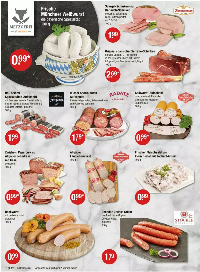 Aktueller Prospekt Vmarkt - Prospekte - von 04.04 bis 10.04.2024 - strona 2 - produkty: angebot, angebote, auer, aufschnitt, bockwurst, braten, brokkoli, champignon, eis, fisch, fische, fleisch, fleischsalat, geback, gin, joghur, joghurt, Kaiser, Käse, Käsewurst, krakauer, landleberwurst, leberkäs, leberkäse, leberwurst, LG, mac, natur, peperoni, Peroni, petersilie, pistazien, saft, salami, salat, schinken, serrano, spargel, Spezi, spitzenqualität, Ti, Weißwurst, wiener, wurst, zwiebel