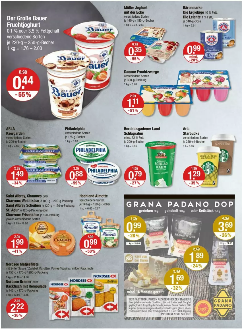 Aktueller Prospekt Vmarkt - Prospekte - von 04.04 bis 10.04.2024 - strona 6 - produkty: almette, arla, auer, bärenmarke, Bau, Bauer, Becher, bier, Biere, danone, danone fruchtzwerge, eier, frucht, fruchtzwerge, grana, grana padano, hochland, joghur, joghurt, Mett, Müller, padano, Rana, rum, salat, schlagrahm, starbucks, tee, Ti