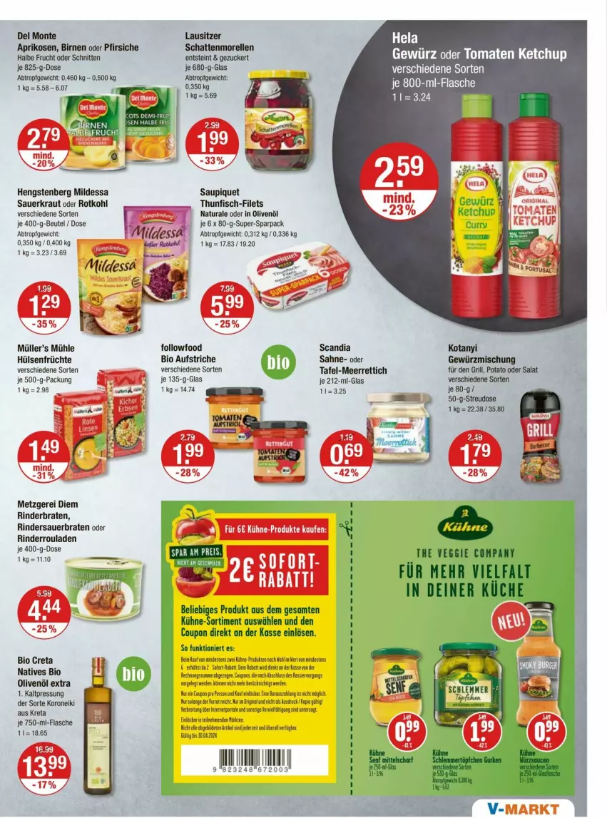 Aktueller Prospekt Vmarkt - Prospekte - von 04.04 bis 10.04.2024 - strona 7 - produkty: aprikose, aprikosen, auer, aufstrich, beutel, bio, Birnen, braten, Brei, coupon, coupons, elle, erde, fenster, filet, filets, fisch, flasche, frucht, früchte, gewürz, Gewürzmischung, grill, hengstenberg, hülsenfrüchte, in olivenöl, Kraut, küche, Kühne, meerrettich, monte, morellen, Müller, natur, natura, oder pfirsiche, olive, oliven, olivenöl, olivenöl extra, pfirsich, pfirsiche, rel, Rettich, rind, rinder, rinderbraten, Rinderroulade, rinderrouladen, rotkohl, rouladen, sahne, salat, Sauerkraut, saupiquet, schattenmorellen, schnitten, senf, tee, thunfisch, Ti, veggie, zucker