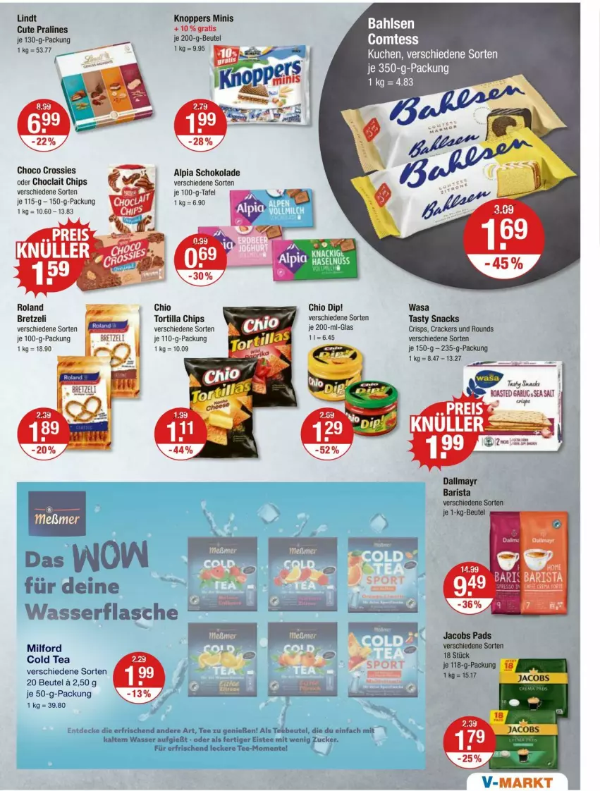 Aktueller Prospekt Vmarkt - Prospekte - von 04.04 bis 10.04.2024 - strona 9 - produkty: alpia, beutel, chips, choclait chips, choco crossies, cracker, crossies, decke, dip, eis, eistee, ente, flasche, knoppers, kuchen, lindt, milford, schoko, schokolade, snack, snacks, tee, Ti, tortilla, Tortilla Chips, wasa, wasser, zucker