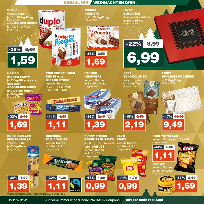 Aktueller Prospekt Real - von 11.12 bis 16.12.2023 - strona 11 - produkty: chips, cookie, cookies, coupon, coupons, de beukelaer, dip, Donut, donuts, duplo, eis, erdnuss, flippies, Funny Frisch, goldbären, griesson, haribo, keks, kekse, Kinder, kinder country, kinder riegel, knoppers, lindt, mikado, nuss, oreo, payback, pralinen, prinzenrolle, reis, riegel, saft, schoko, schokolade, schokoladen, Spezi, storck, Ti, toblerone, tortilla, tortillas, weihnachten, ZTE