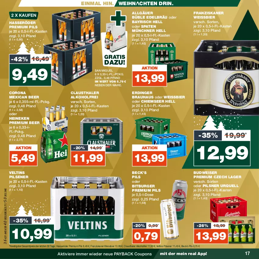 Aktueller Prospekt Real - von 11.12 bis 16.12.2023 - strona 17 - produkty: alkohol, aust, bier, bitburger, budweiser, burger, clausthaler, corona, coupon, coupons, eis, erdinger, franziskaner, hasseröder, heineken, LG, payback, pils, pilsener, pilsner, pilsner urquell, premium pils, reis, Spaten, Ti, veltins, veltins pilsener, weihnachten, weissbier, ZTE