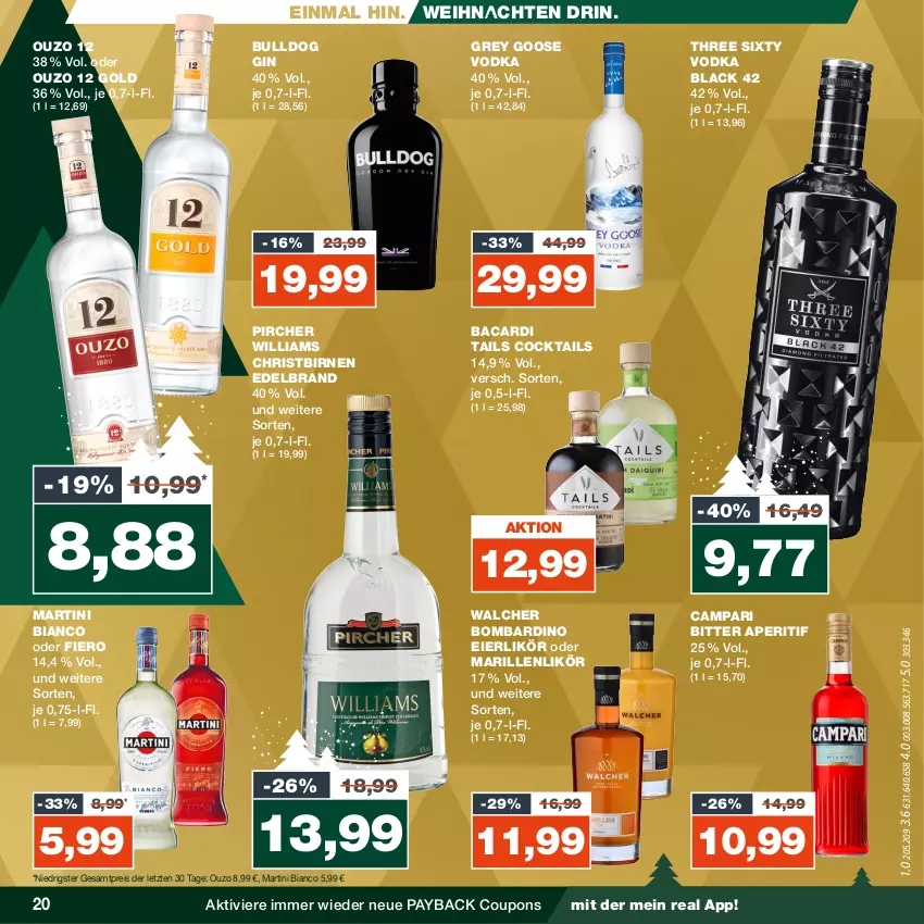 Aktueller Prospekt Real - von 11.12 bis 16.12.2023 - strona 20 - produkty: aperitif, bacardi, Birnen, Bulldog, campari, cocktail, cocktails, coupon, coupons, eier, eierlikör, eis, gin, lack, likör, martini, ouzo, ouzo 12, payback, pircher, reis, Three Sixty, Ti, vodka, weihnachten, ZTE