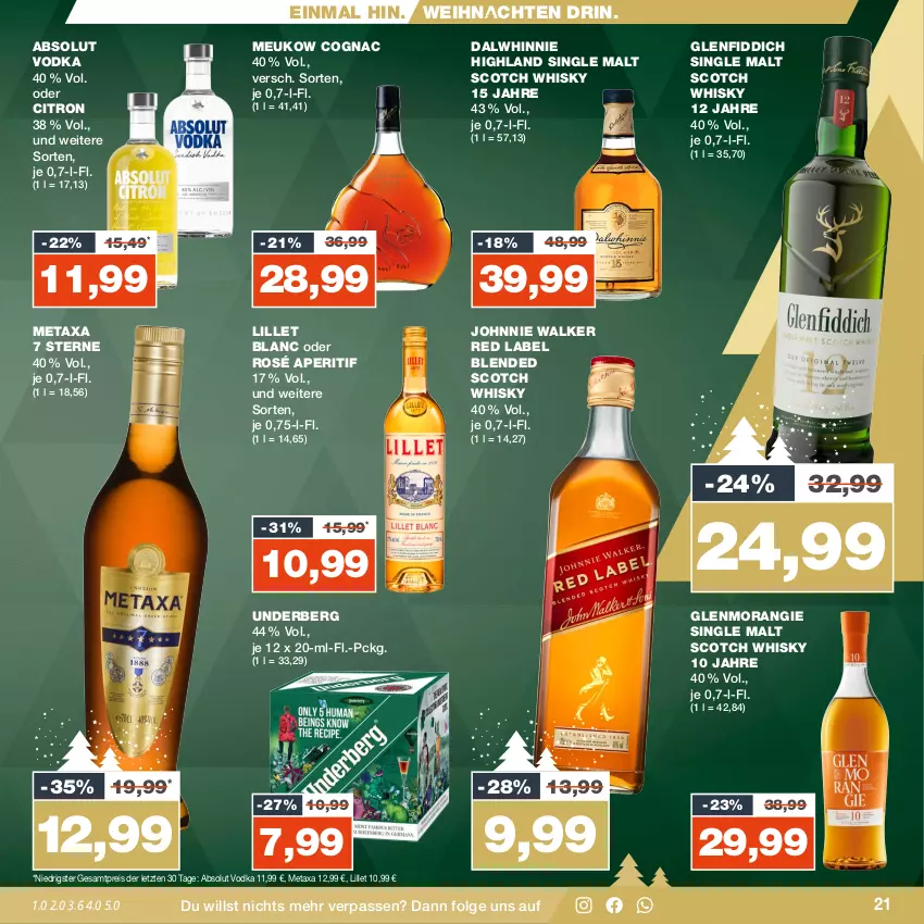 Aktueller Prospekt Real - von 11.12 bis 16.12.2023 - strona 21 - produkty: Absolut Vodka, aperitif, blended scotch, blended scotch whisky, Cognac, eis, johnnie walker, LG, lillet, Metaxa, reis, scotch, scotch whisky, single malt, Ti, underberg, vodka, weihnachten, whisky, ZTE