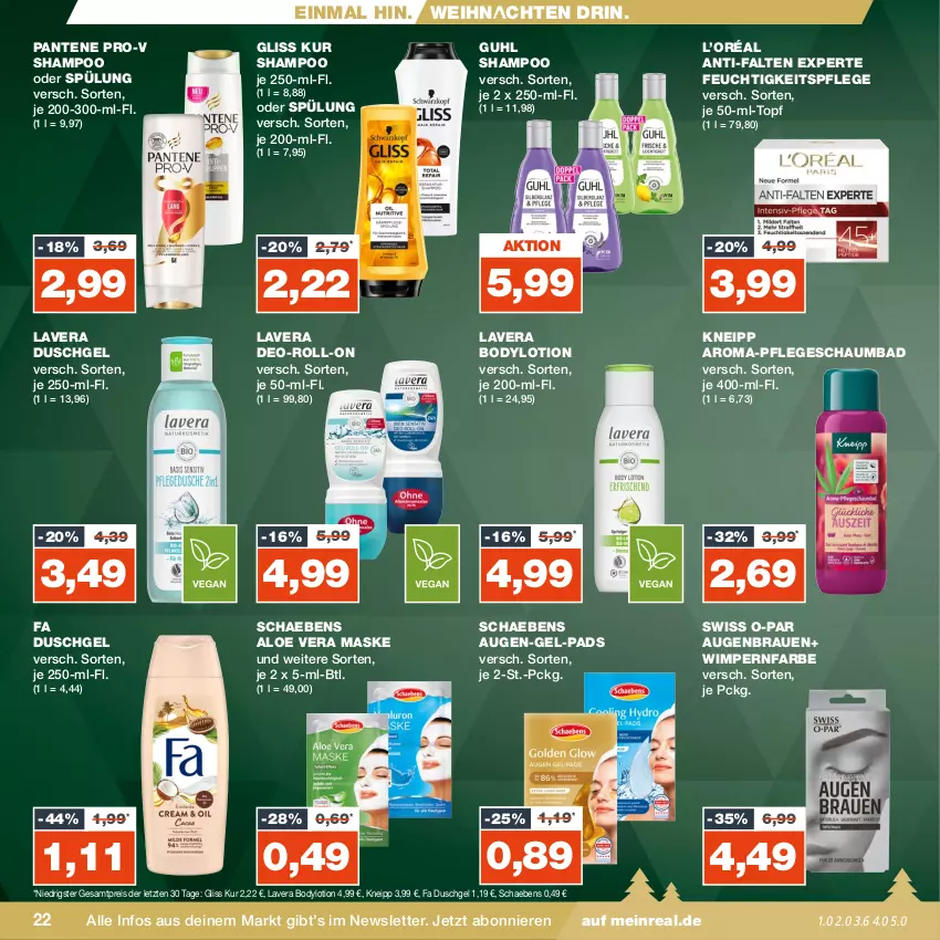 Aktueller Prospekt Real - von 11.12 bis 16.12.2023 - strona 22 - produkty: aloe vera, anti-falten experte, Bad, body, bodylotion, deo, duschgel, eis, fa duschgel, feuchtigkeitspflege, gliss, gliss kur, Guhl, kneipp, lavera, Lotion, Maske, pantene, pantene pro-v, pro-v, reis, roll-on, Schaebens, schaumbad, shampoo, shampoo oder spülung, spülung, Ti, topf, weihnachten, ZTE