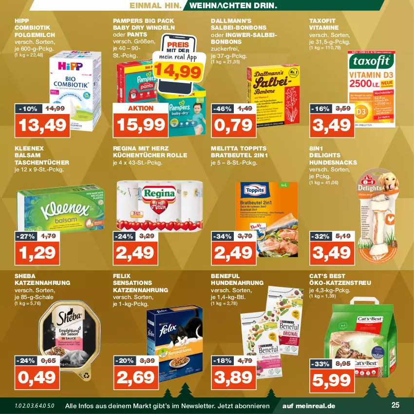 Aktueller Prospekt Real - von 11.12 bis 16.12.2023 - strona 25 - produkty: balsam, beutel, bio, bonbons, eis, felix, folgemilch, gin, hipp, hundenahrung, hundesnack, hundesnacks, ingwer, katzennahrung, Katzenstreu, küche, Küchen, küchentücher, LG, melitta, milch, pampers, Pants, reis, Schal, Schale, sensations, sheba, snack, snacks, Tasche, taschen, taschentücher, Taxofit, Ti, toppits, tücher, vita, Vitamine, weihnachten, windeln, windeln oder pants, zucker