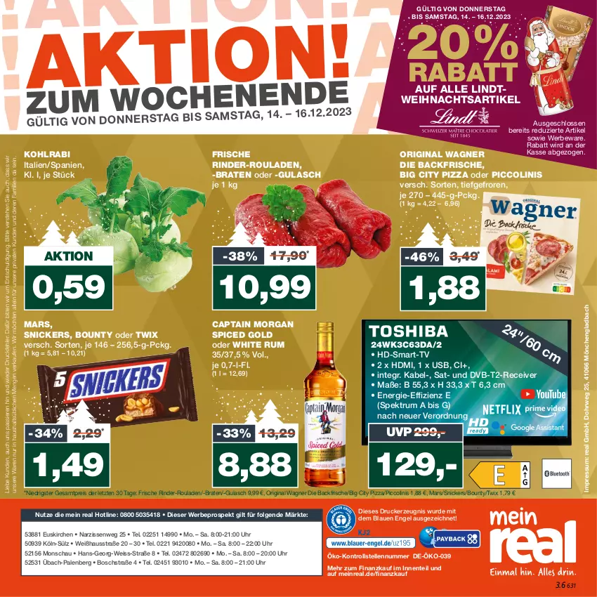 Aktueller Prospekt Real - von 11.12 bis 16.12.2023 - strona 36 - produkty: bosch, bounty, braten, Cap, captain morgan, drucker, dvb, DVB-T, eis, elle, Engel, ente, gin, gulasch, HDMI, kerze, kohlrabi, LG, lindt, mars, Narzissen, oder piccolinis, oder twix, original wagner, piccolinis, pizza, Receiver, reis, rind, rinder, rinder-rouladen, rouladen, rum, rwe, snickers, Spektrum, Ti, twix, uhr, usb, wagner, white rum, ZTE