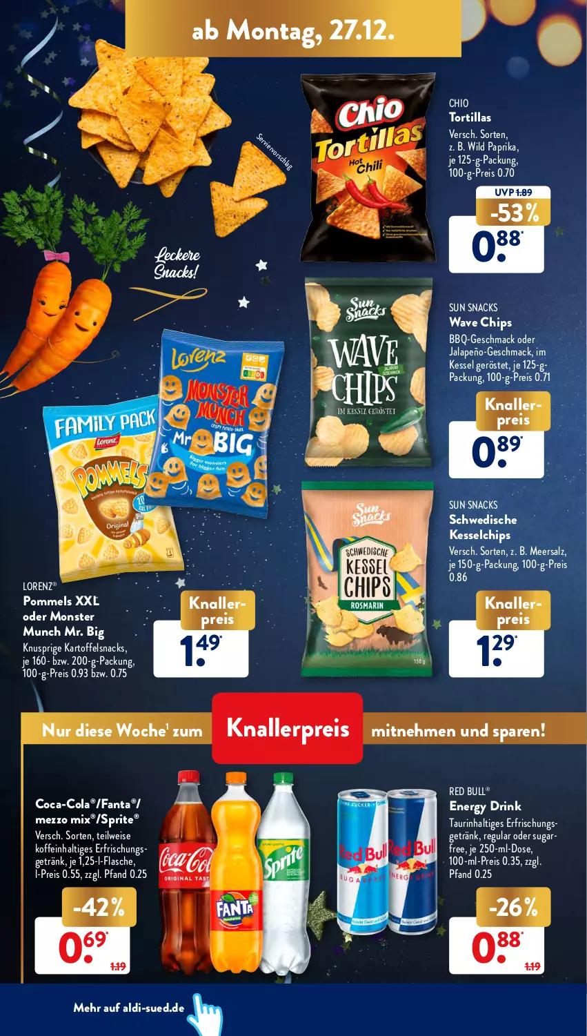 Aktueller Prospekt AldiSud - ALDI Aktuell - von 27.12 bis 31.12.2021 - strona 14 - produkty: aldi, chips, coca-cola, cola, drink, eis, energy drink, erfrischungsgetränk, fanta, flasche, getränk, jalapeño, kartoffel, knallerpreis, lorenz, mac, meersalz, Mezzo Mix, monster, paprika, Pommels, red bull, reis, salz, snack, snacks, sprite, Sun Snacks, Ti, tortilla, tortillas, Wild, wild paprika