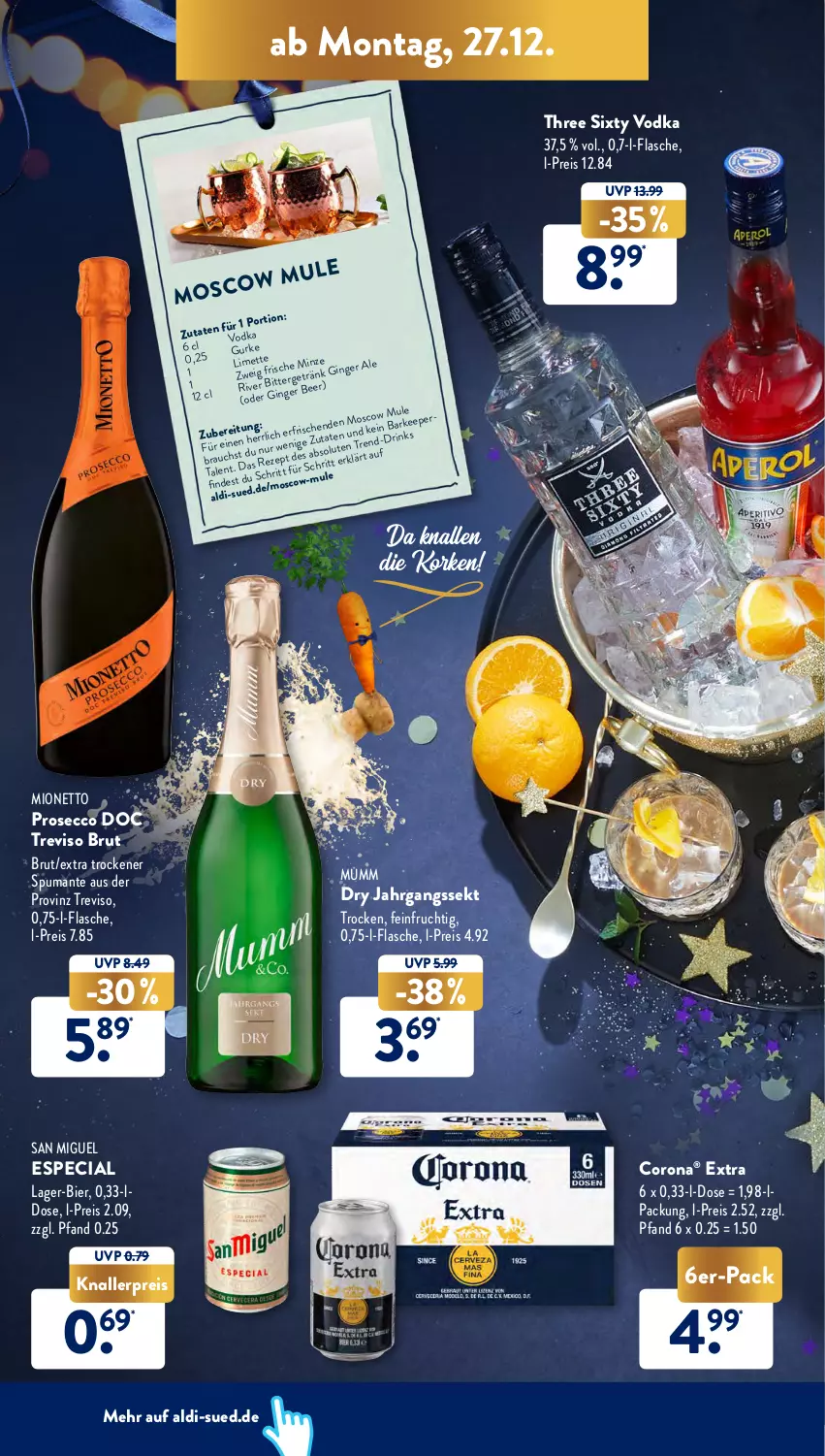 Aktueller Prospekt AldiSud - ALDI Aktuell - von 27.12 bis 31.12.2021 - strona 16 - produkty: aldi, bier, brut, corona, drink, drinks, ecco, eis, flasche, frucht, getränk, gurke, jahrgangssekt, knallerpreis, limette, Mett, minze, mionetto, mumm, prosecco, puma, Rauch, reis, rezept, sekt, spumante, Three Sixty, Ti, vodka