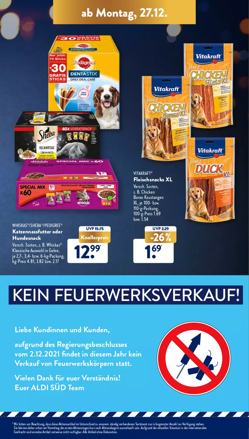 Aktueller Prospekt AldiSud - ALDI Aktuell - von 27.12 bis 31.12.2021 - strona 21 - produkty: aldi, alle artikel ohne dekoration, aust, Bona, dekoration, eis, elle, fleisch, gelee, gin, hundesnack, knallerpreis, kraft, nassfutter, pedigree, reis, rwe, sheba, snack, snacks, Ti, vita, vitakraft, whiskas, ZTE