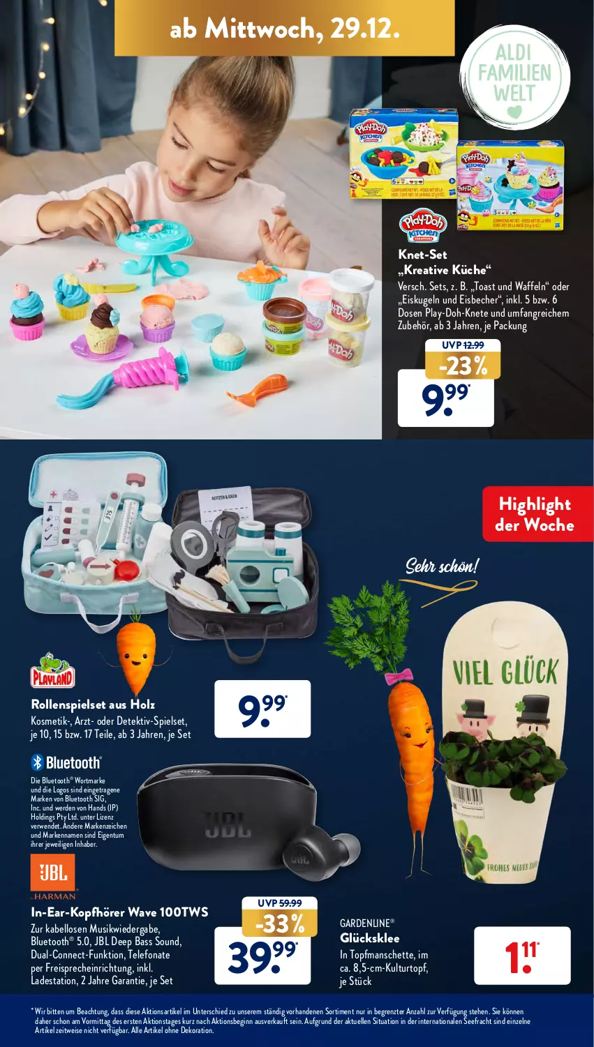 Aktueller Prospekt AldiSud - ALDI Aktuell - von 27.12 bis 31.12.2021 - strona 27 - produkty: alle artikel ohne dekoration, Becher, dekoration, eis, eisbecher, elle, erde, freisprecheinrichtung, gardenline®, gin, glücksklee, Holz, in-ear-kopfhörer, jbl, kopfhörer, kosmetik, küche, Kugel, kulturtopf, Play-Doh, reis, rwe, telefon, Ti, toast, topf, waffeln, ZTE