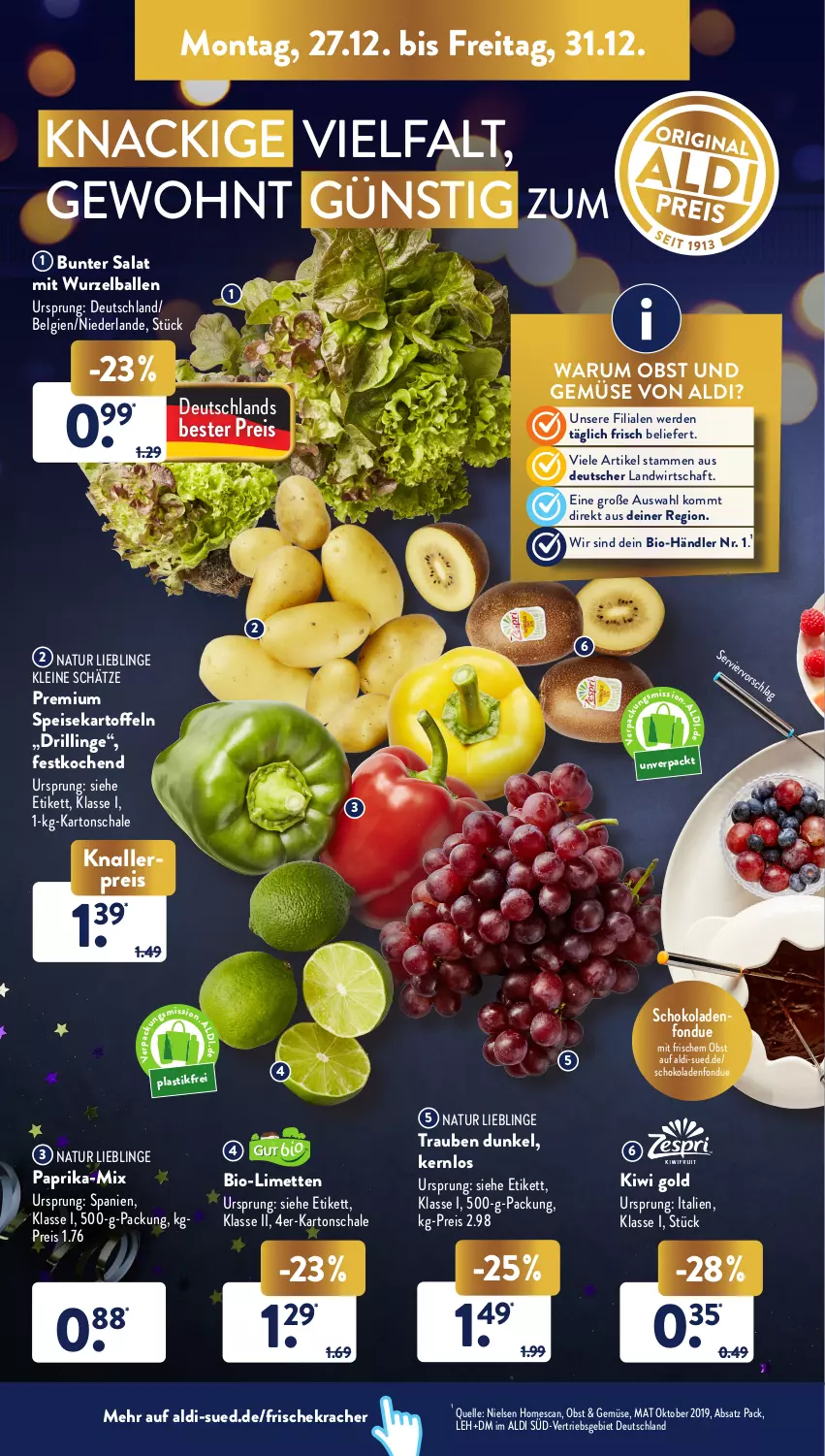 Aktueller Prospekt AldiSud - ALDI Aktuell - von 27.12 bis 31.12.2021 - strona 4 - produkty: aldi, asti, ball, bio, eis, elle, erde, Fondue, kartoffel, kartoffeln, kiwi, Kiwi Gold, knallerpreis, kracher, leine, LG, limette, limetten, Mett, metten, natur, obst, Obst und Gemüse, paprika, reis, rum, salat, Schal, Schale, schoko, schokolade, schokoladen, speisekartoffeln, Ti, trauben, und gemüse