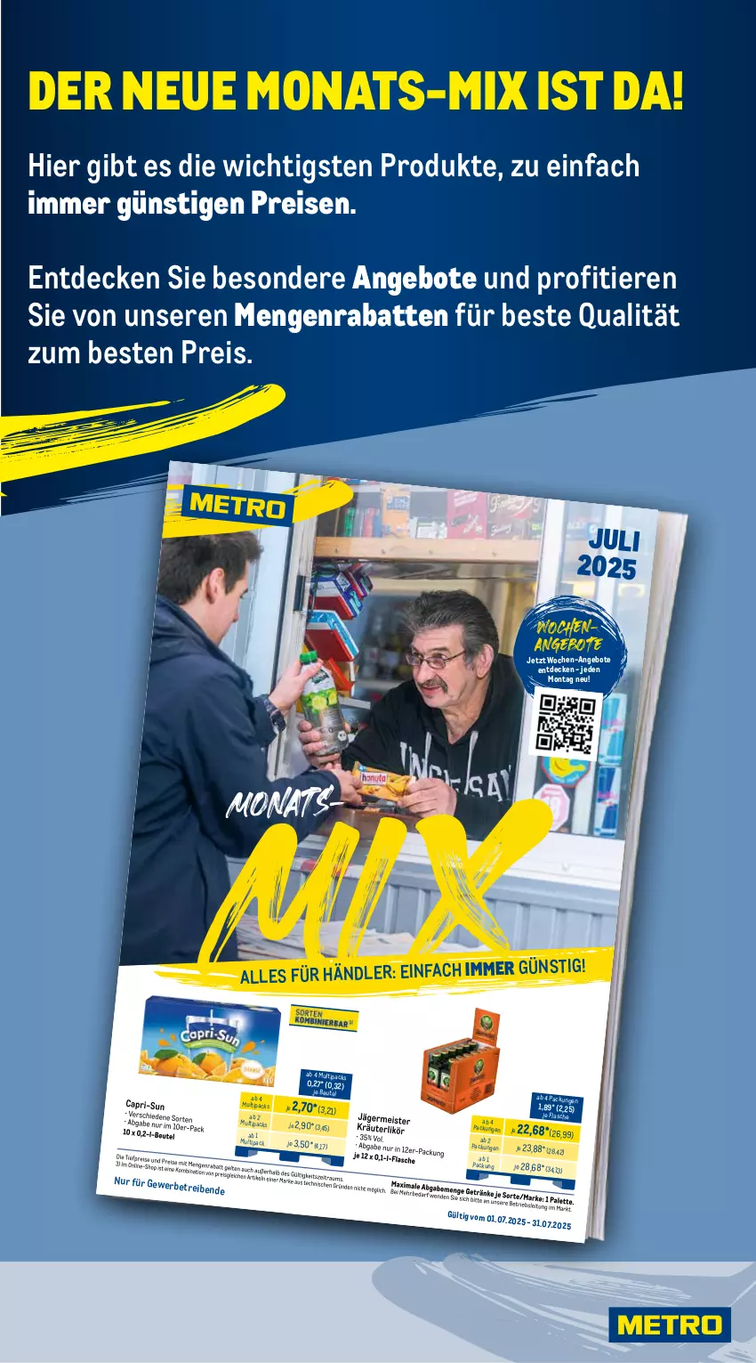 Aktueller Prospekt Metro - Wochen-Angebote Händler - von 21.07 bis 26.07.2025 - strona 5 - produkty: angebot, angebote, Cap, capri-sun, decke, eis, Germ, jägermeister, kräuter, kräuterlikör, likör, Meister, reis, Ti, Tiere