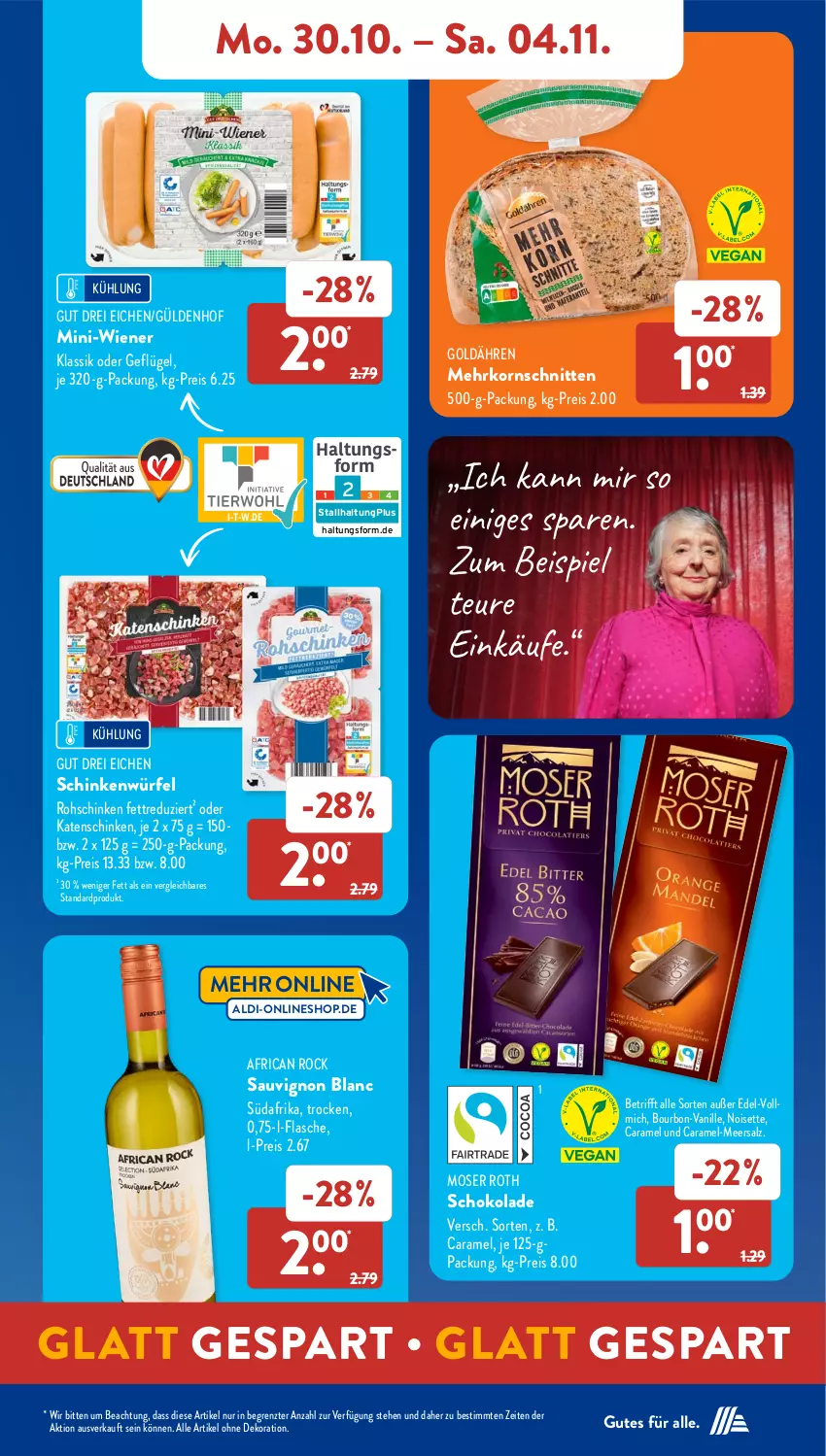 Aktueller Prospekt AldiSud - NÄCHSTE WOCHE - von 30.10 bis 04.11.2023 - strona 11 - produkty: aldi, alle artikel ohne dekoration, bourbon, caramel, dekoration, eis, flasche, Geflügel, katenschinken, korn, meersalz, moser, Moser Roth, reis, rohschinken, salz, sauvignon, sauvignon blanc, schinken, schnitten, schoko, schokolade, Ti, vanille, wiener, würfel, ZTE