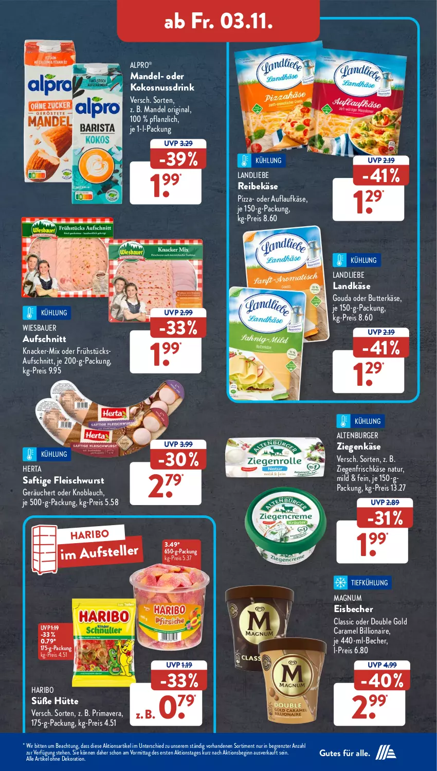 Aktueller Prospekt AldiSud - NÄCHSTE WOCHE - von 30.10 bis 04.11.2023 - strona 32 - produkty: alle artikel ohne dekoration, alpro, altenburger, auer, aufschnitt, Bau, Bauer, Becher, burger, butter, butterkäse, caramel, dekoration, drink, eis, eisbecher, elle, fleisch, fleischwurst, frischkäse, gin, gouda, haribo, herta, Käse, knacker, knoblauch, kokos, kokosnuss, Kokosnussdrink, landkäse, landliebe, lion, magnum, mandel, natur, ndk, nuss, Nussdrink, pizza, Reibekäse, reis, saft, ssd, teller, Ti, wiesbauer, wurst, ziegenfrischkäse, ziegenkäse, ZTE